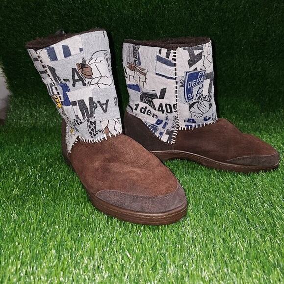 Uggs Boots Men 10 brown Patchwork DIY Upcycle police numbers blue white - Picture 1 of 8